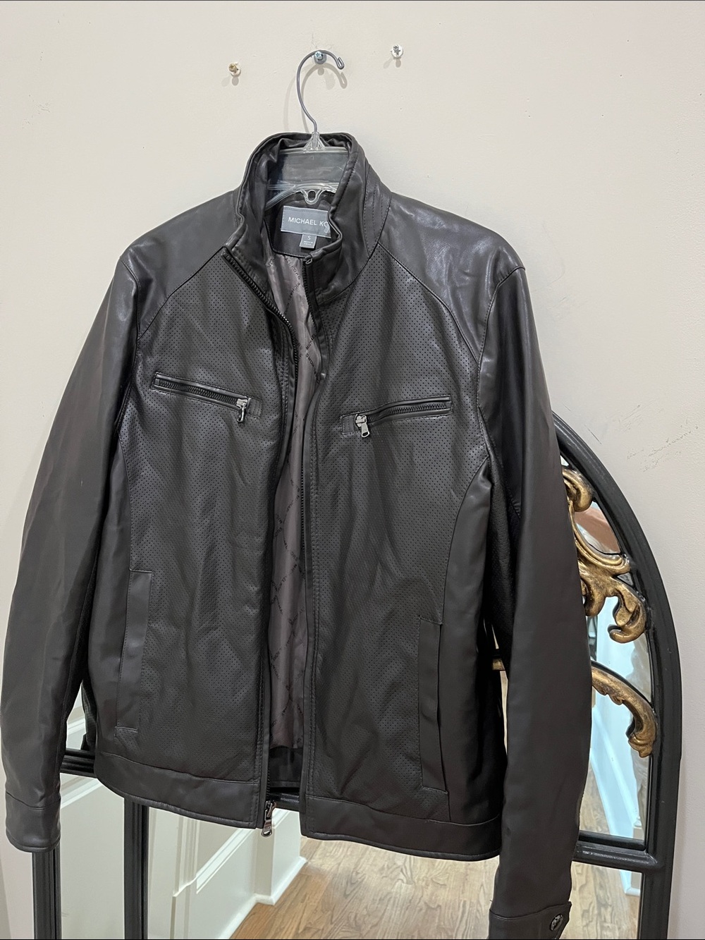 Michael Kors Black Perforated Faux Leather Bomber Jacket